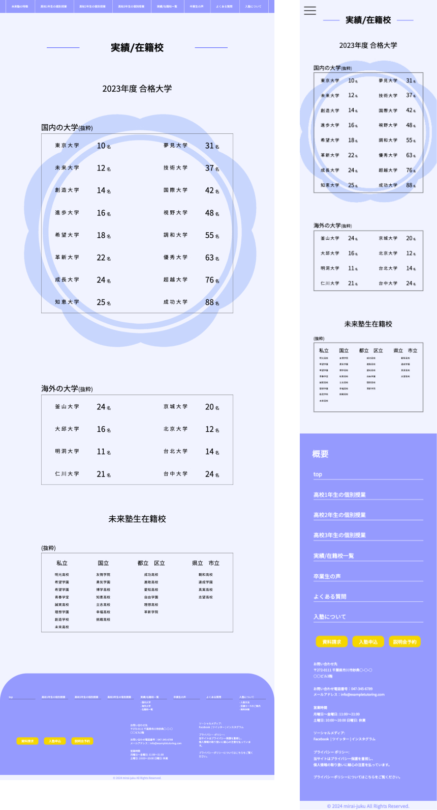 未来塾の実績・在籍校ページのWEBサイトデザイン